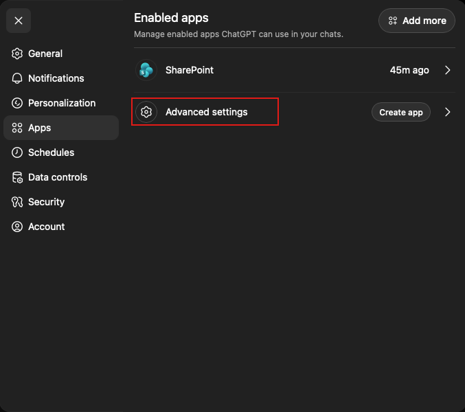 打开 Apps 设置和高级设置