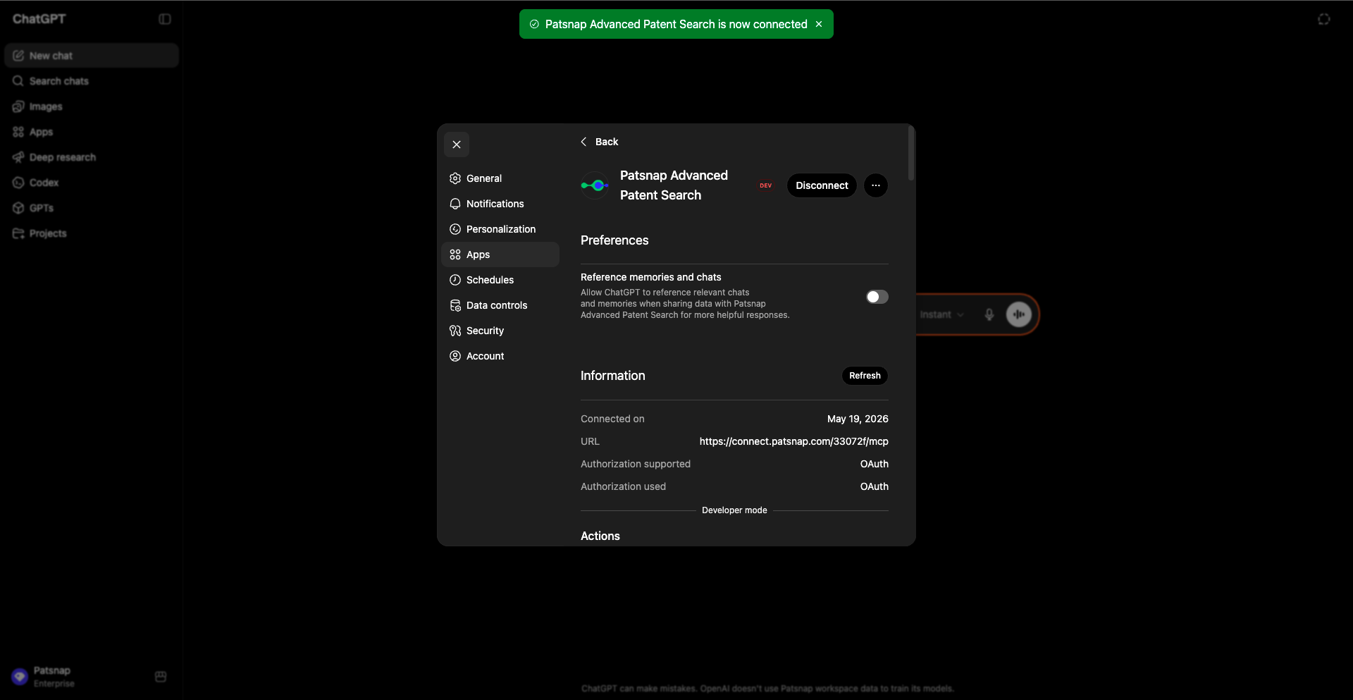 App created and connected to Patsnap MCP successfully.